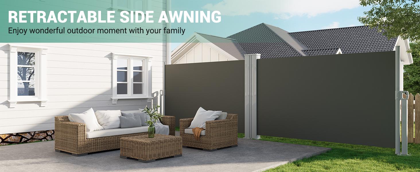 71 in x236 in Double Side Awning, Retractable Side Awning with 280 g Polyester Fabric, Rainproof and UV-Proof Folding Privacy Screen Privacy Fence, for Deck, Patio, Pools, Grey 71 in x236 in Double Side Awning, Retractable Side Awning with 280 g Polyester Fabric, Rainproof and UV-Proof Folding Privacy Screen Privacy Fence, for Deck, Patio, Pools, Grey