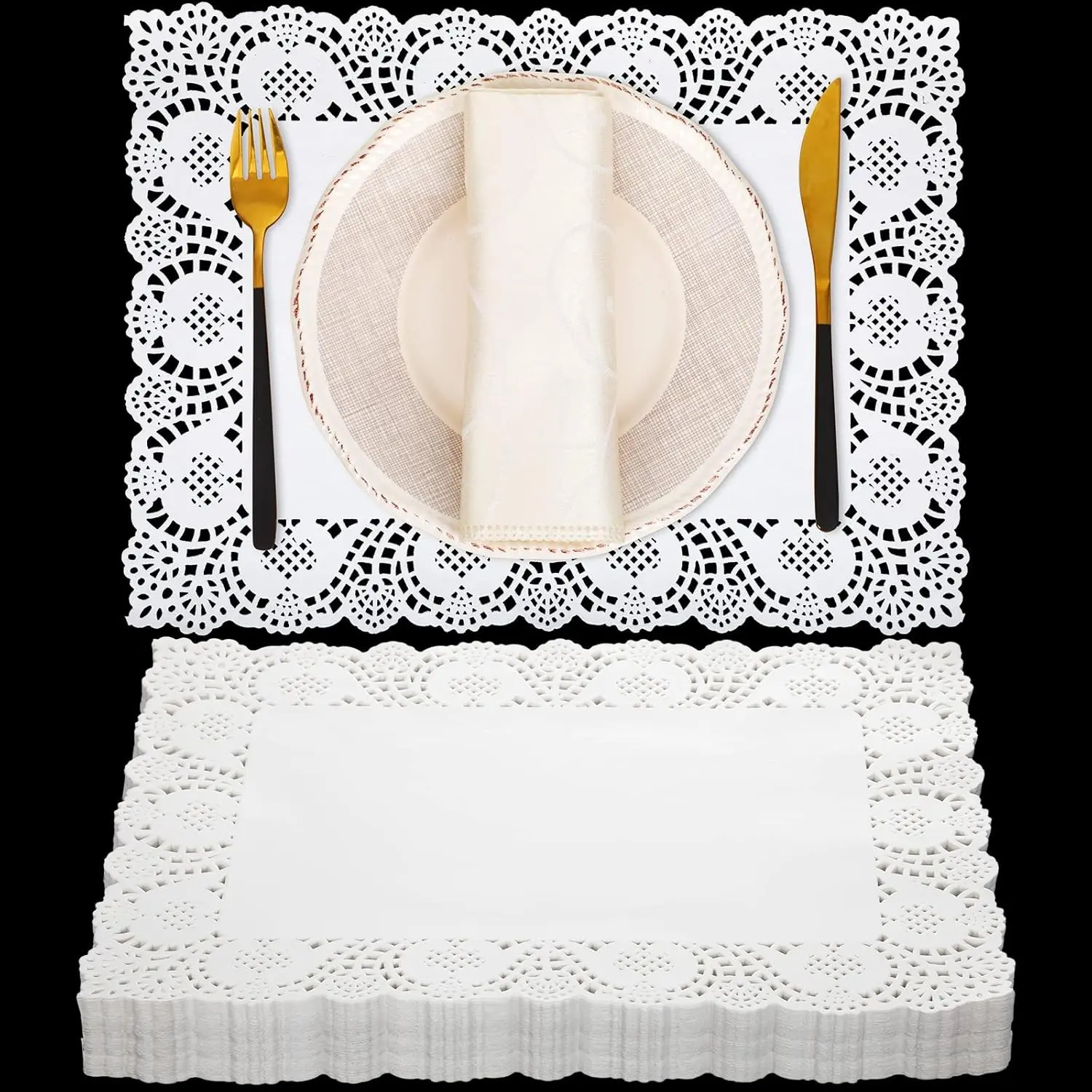 600 Pcs Disposable Rectangular Lace Edged White Paper Placemats Ideal for Dining Party Daily Table Decoration