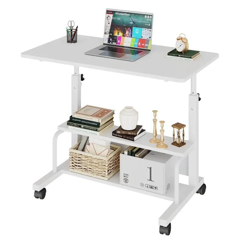 DUMOS Adjustable Height Standing Rolling Desk - Portable on Wheels with 3-Tier Storage, Adjustable Overbed Study Desk for Gaming Setup & Small Apartment Office Bedroom