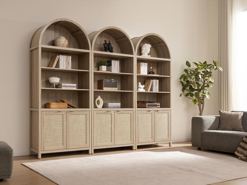 SICOTAS Book Shelf Arched Cabinet Bookshelf Arch 84.2" Tall Bookcase 5 Tier Large Bookshelves with Doors Storage Rattan Boho Wide Book Shelves Case for Living Room Kitchen Office Bedroom Library, Robust and Durable