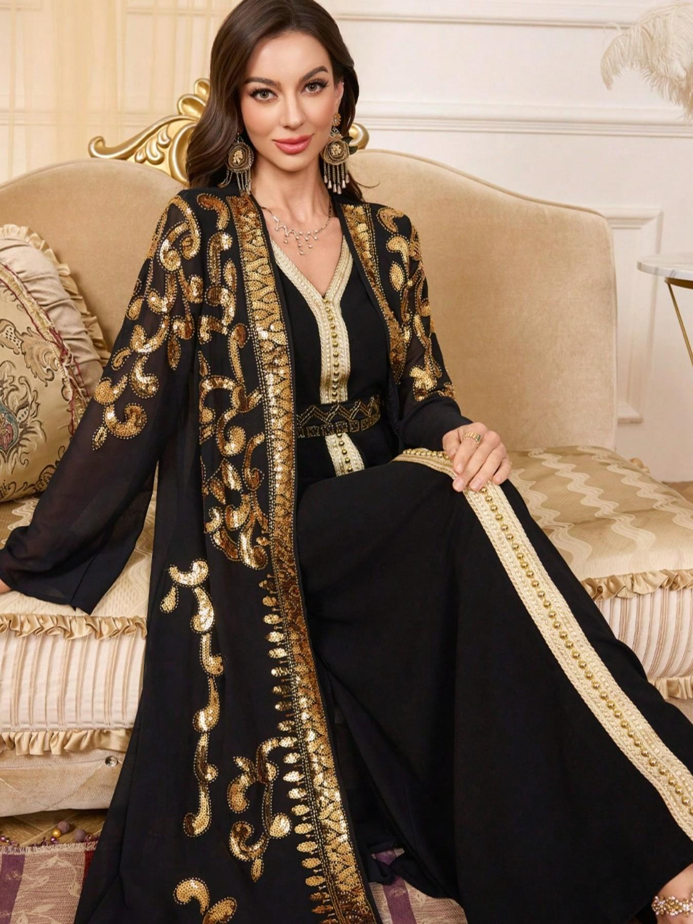 Gold Embroidered Two-Piece Dubai Muslim Robe, Elegant Islamic Clothing, Heavy Sequin Open Front, Elegant Long Sleeve Maxi Dress for All Seasons