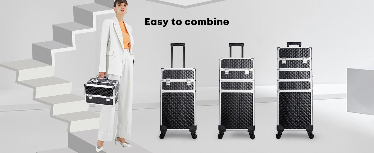 Joligrace 4 in 1 Rolling Makeup Train Case Large Cosmetic Trolley Box with Key Swivel Wheels Salon Barber Case