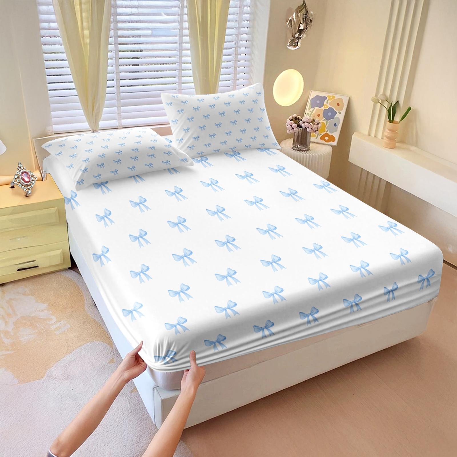 3PCS Cute Romantic Sweet Bow Fitted Sheet Set, Soft Cozy Aesthetic Bedding with Elastic All Around for Mattress, Housewarming Birthday Valentine's Day Christmas Gift for Her