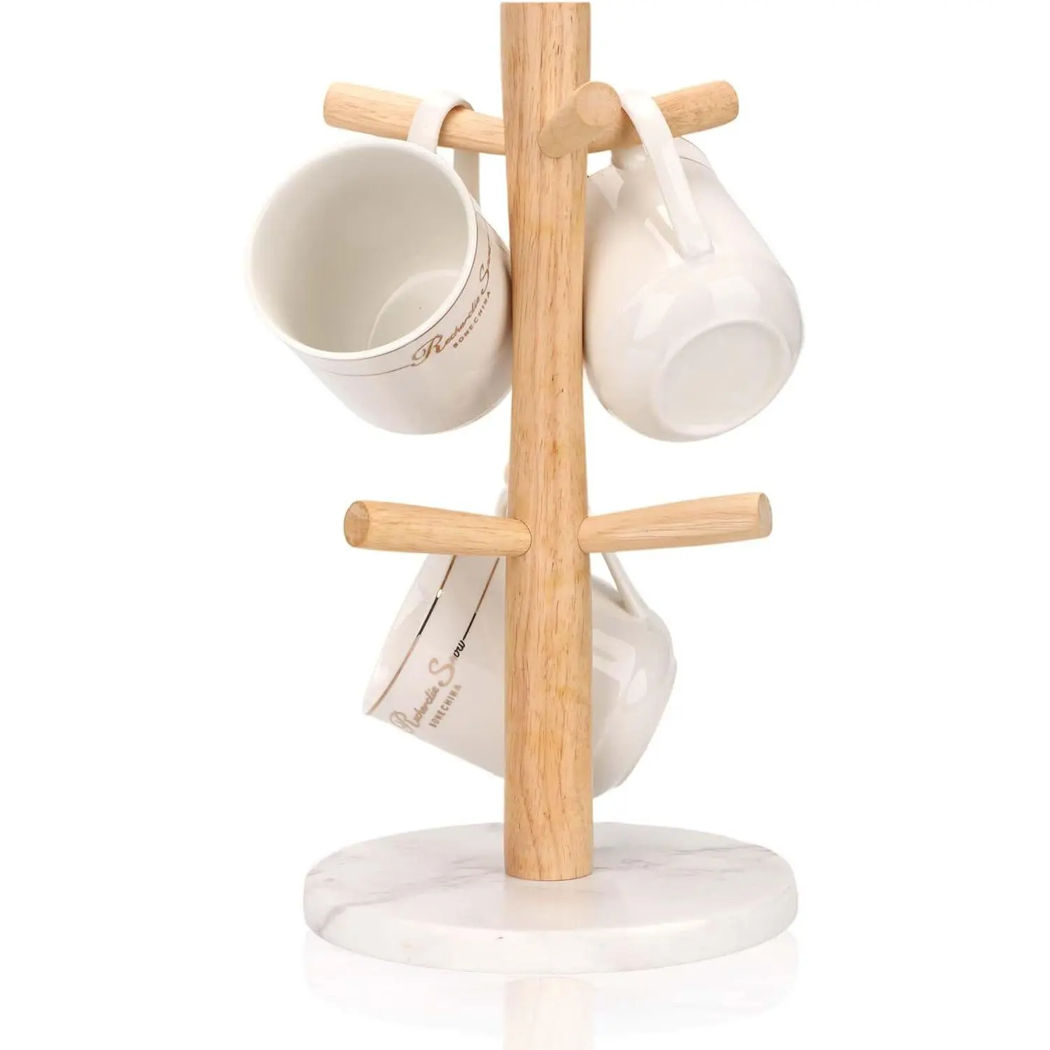 Mug Holder Marble Base with 6 Hooks Coffee Cup Rack Organizer for Countertop, Round Mugs Stand Hanger for Kitchen Counter Cabinet Bar Accessories and  Decor White (MH001)