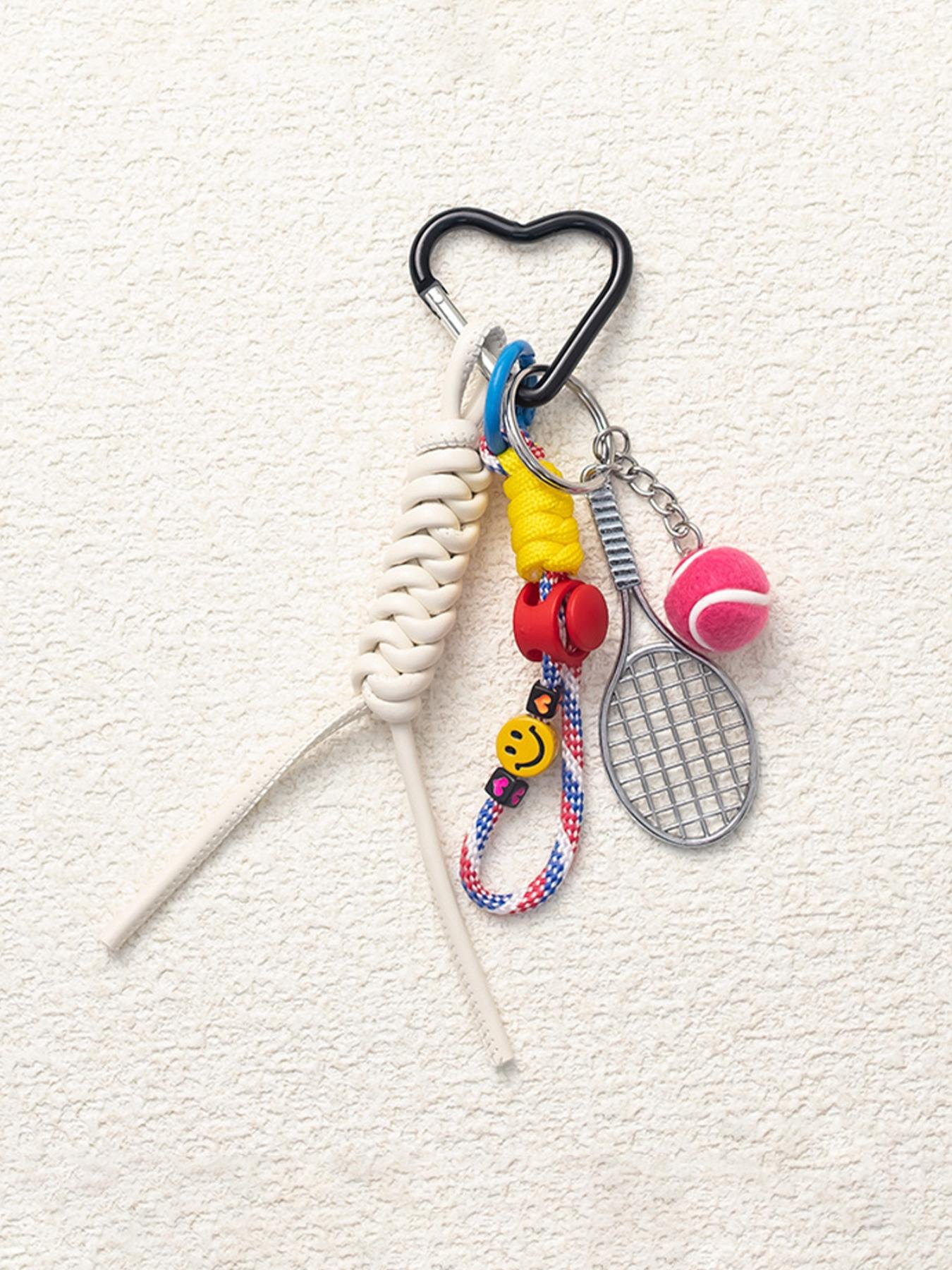 Tennis Woven Bag Charm Keychain, Cute Smiley Face Handbag Pendant, Aesthetic Heart Carabiner Key Ring, Sporty Bag Decor, Perfect Birthday Christmas Gift for Tennis Lovers Women Girls, Trendy Phone Charm for Backpack Tote