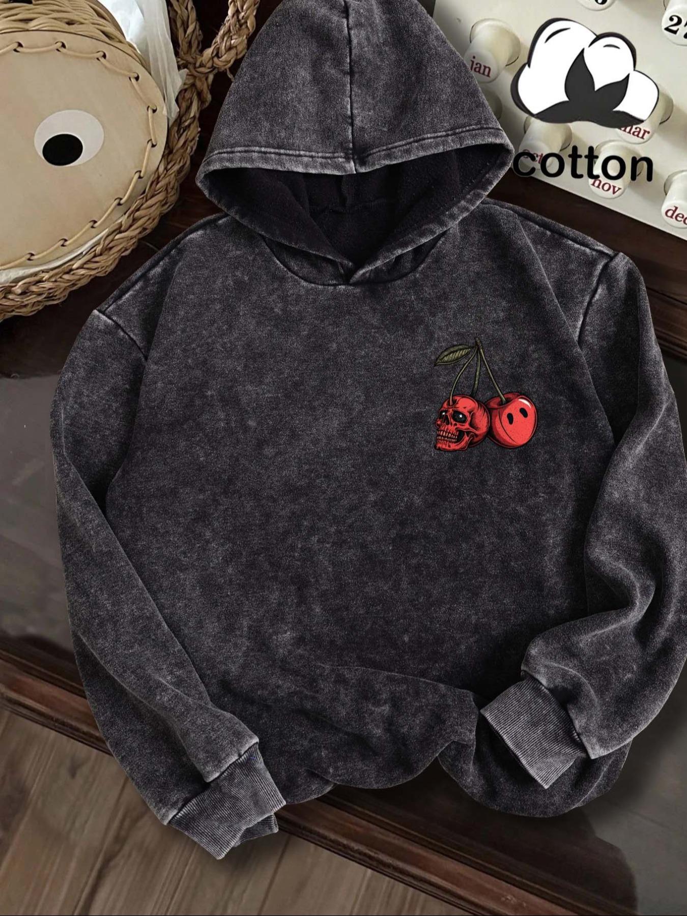 Women's Halloween Cherry Skull Graphic Print Hoodie, Fitted Casual Long Sleeve Sweatshirt, Vintage Wash Cotton, Fall & Winter Fashion