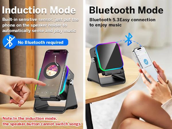 Wireless Induction Speaker With Colorful Ambient Light 360 Adjustable Phone Holder for iPhone Android Samsung Phone Speakers