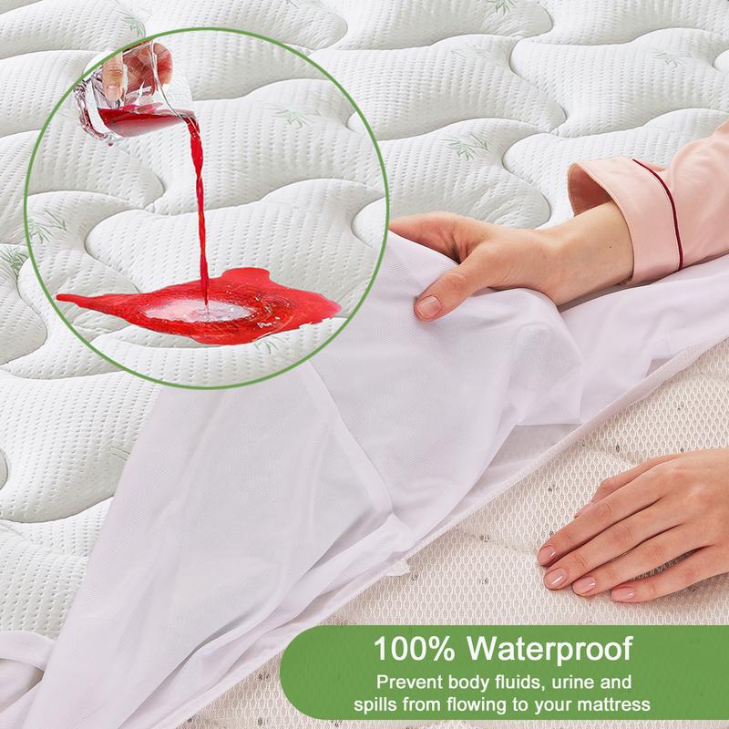 OBOEY Bamboo Mattress Topper, Waterproof Mattress Protector, 1000 GSM Quilted Fitted Mattress Pad with 1 Pillow Protector & Sleep Mask, Side Pocket, Breathable Fluffy Soft Mattress Topper with 8"-21" Deep Pocket