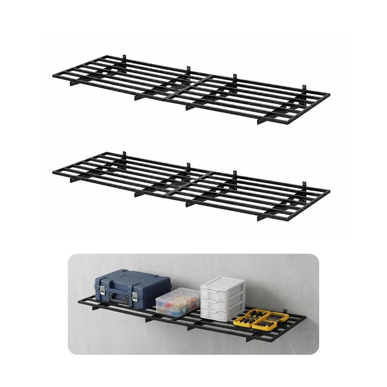 Garvee 500 lb Heavy-Duty Metal Garage Wall Shelves Kit, 2-Pack 6x2 ft Hanging Steel Wall-Mounted Wire Storage Racks Set - Floating Design - Includes Hooks - Easy Installation - For Workshop/Basement
