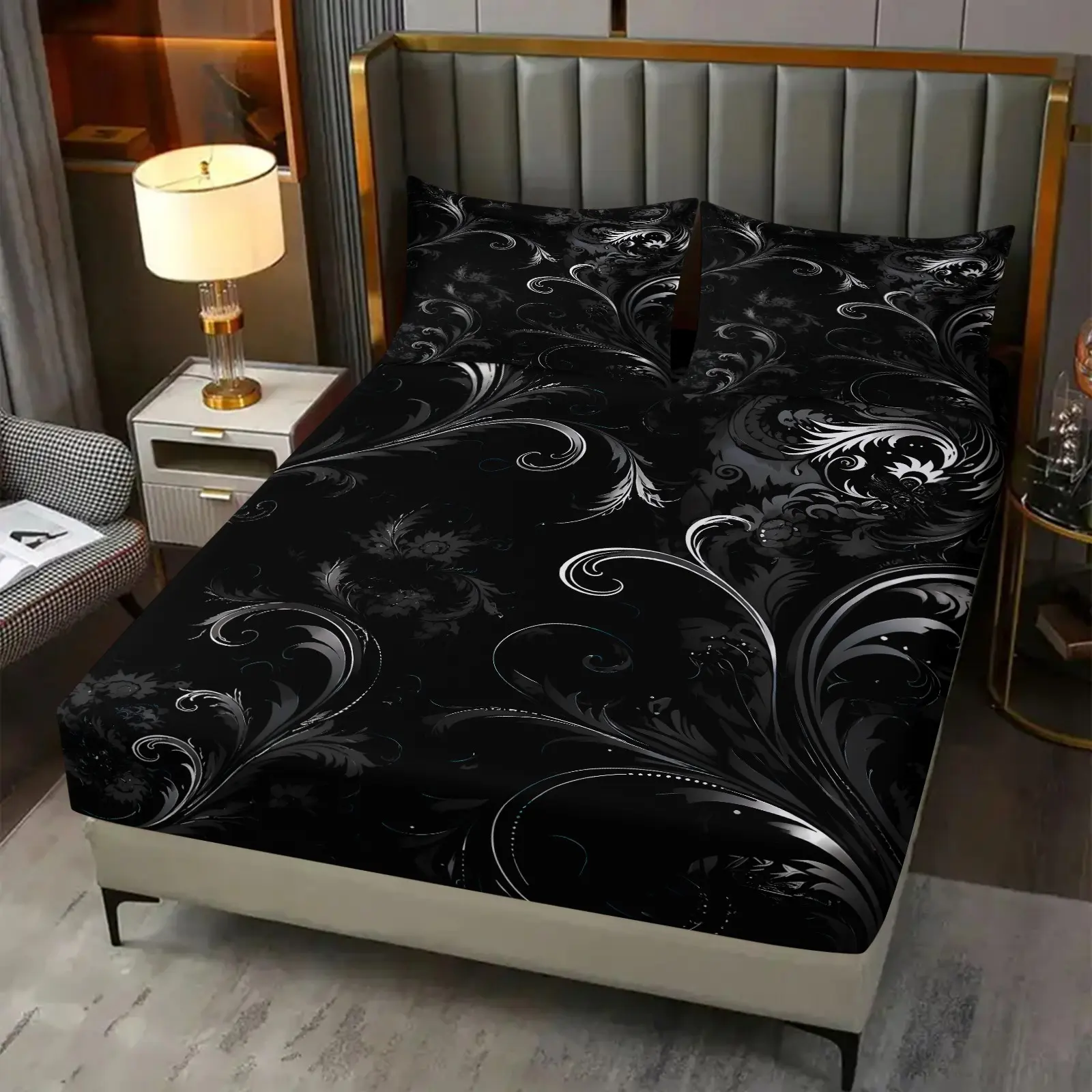 3Pcs Silver Gothic Floral Fitted Sheet Set, Black Base Vintage Silver Scroll Floral Swirl Print, Soft Breathable Microfiber, 360° Elastic Deep Pocket, 1 Fitted Sheet & 2 Pillowcases, Gothic Bedroom Dorm Decor Gift, Bedding Sheets