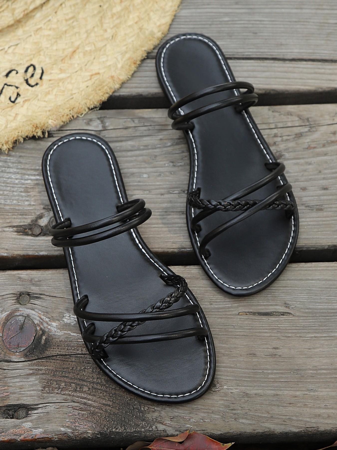 Women's Braided Cross Strap Roman Sandals, Casual Flat Beach Slippers, PU Leather Rubber Sole, Plain Style, Less Than Ankle Height