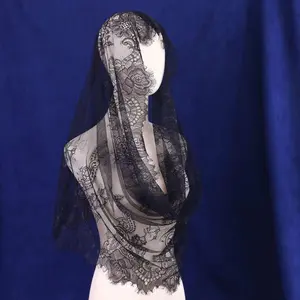 Women's Bridal Muslim Wedding Embroidered Headveil Floral Lace Mantila Catholic Veil Black Church Veil Ivory White Mesh Shawl