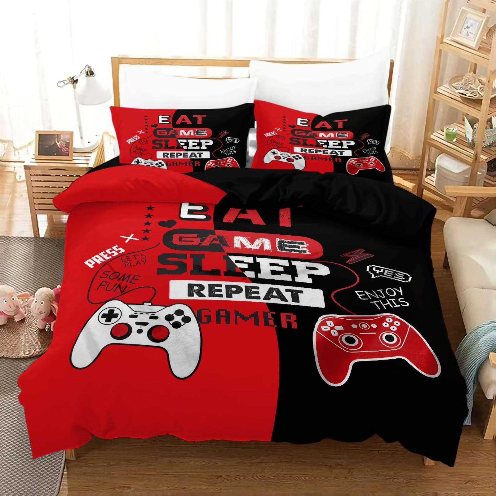 3-Piece Game Controller Print Bedding Set, Soft Breathable Fabric, All-Season Use, Includes 1 Fitted Sheet + 2 Pillowcases