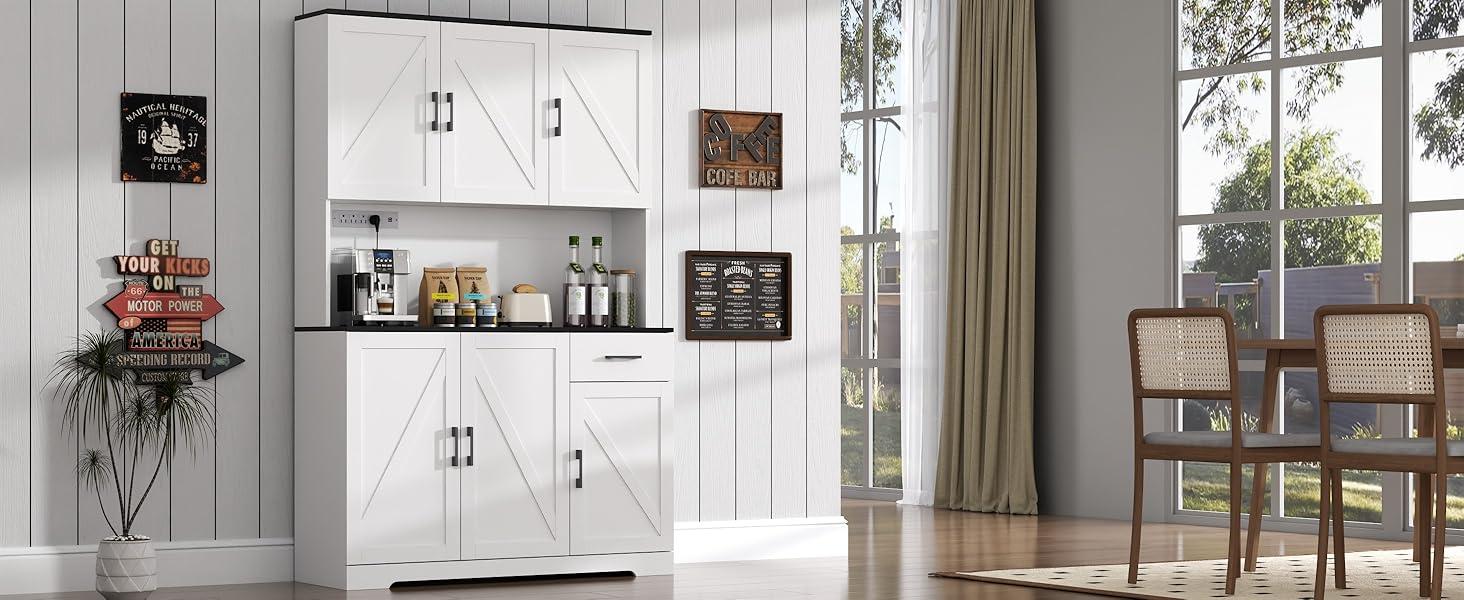 Farmhouse Kitchen Pantry Cabinet 71" Tall with 4 Adjustable Shelves, 6 Doors, Power Outlet, Freestanding Design for Kitchen Storage Cupboard