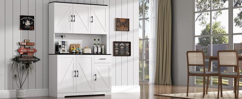 Farmhouse Kitchen Pantry Cabinet 71" Tall with 4 Adjustable Shelves, 6 Doors, Power Outlet, Freestanding Design for Kitchen Storage Cupboard