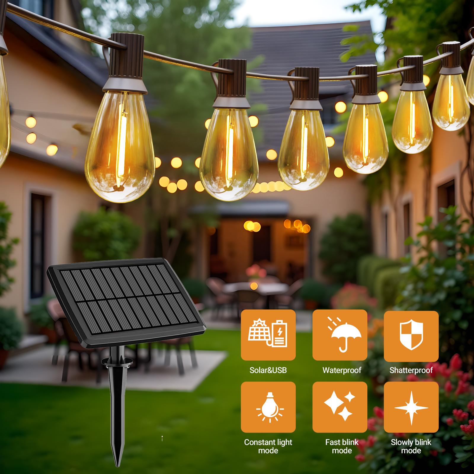 DAYBETTER Outdoor S14 solar string lights IP65 waterproof 3 lighting modes super bright LED lights suitable for terrace, backyard, porch(New & Old Styles Mixed Delivery)