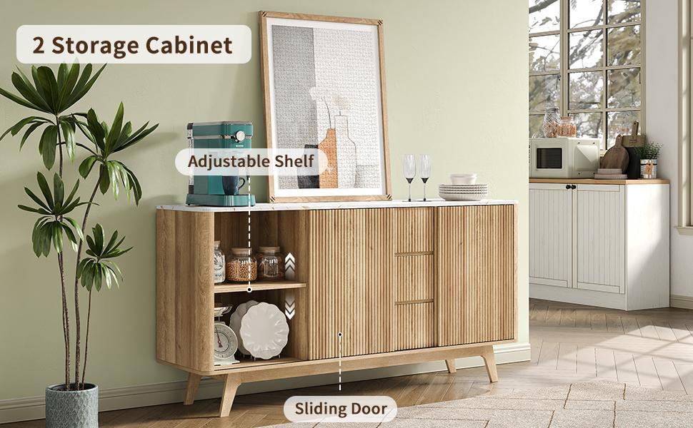 FUSOU 62" W Fluted Buffet Cabinet with Sliding Doors, Modern Sideboard Storage Cabinet with Power Outlet & 3 Drawers, Mid-Century Coffee Bar Table for Living Room, Dinning Room, Natural