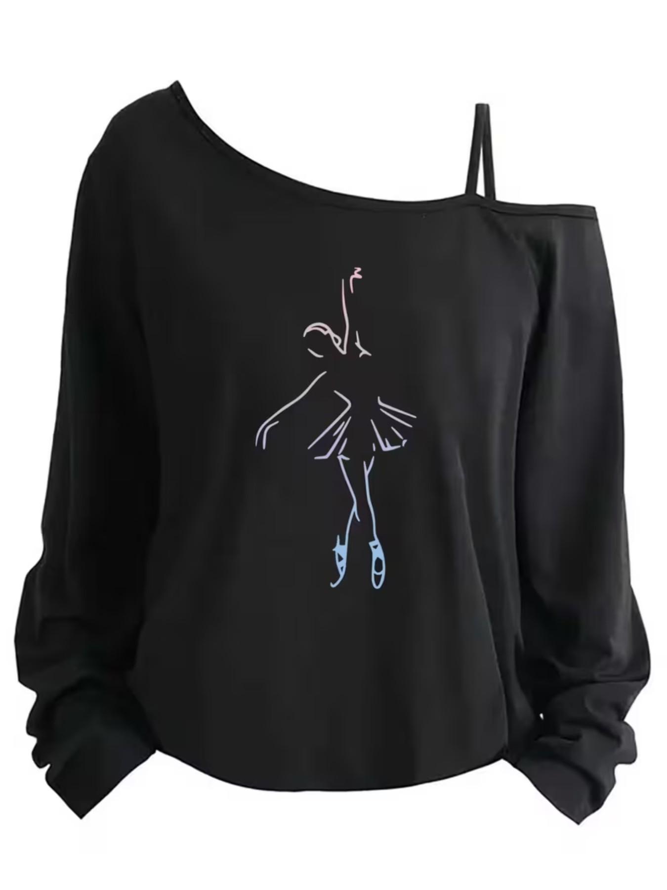 Women's Ballerina Dance Print Single-Shoulder T-Shirt - Asymmetric Strap Drop Shoulder Top with Ballerina-Themed Print, Relaxed Fit for Dance Costumes & Casual Attire, Machine Washable All-Season Comfortable Wearable for Ballet Dancers &