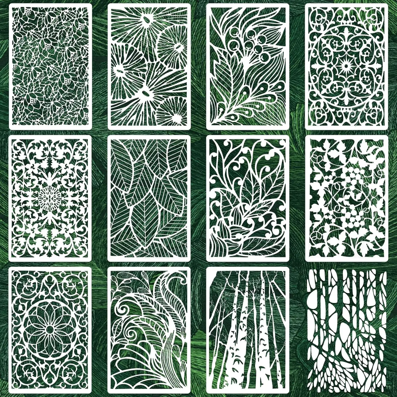 Texture Stencils for Crafts Reusable 12Pcs Stencils(11.8X7.8 Inch) DIY Art Painting Stencil Furniture Decor Kit for Wood Embroidery Wall Silk Screen Journaling