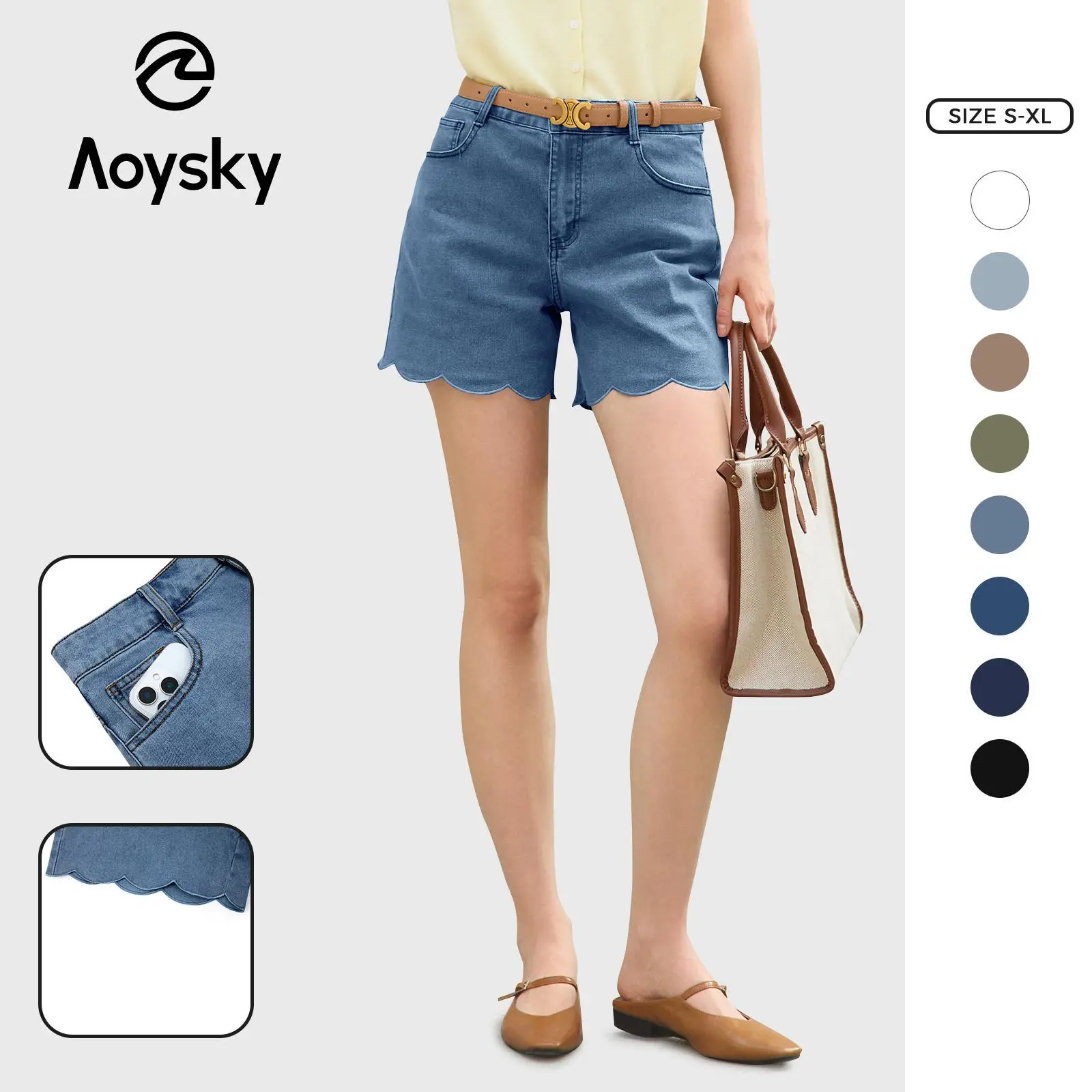 Aoysky Women's High-Waisted Fitted Minimalist Denim Jean Shorts - Summer Straight-Leg Wave Hem Casual Bottoms for Ladies,summerwins,summeroutfits,vacationoutfits,beachoutfits