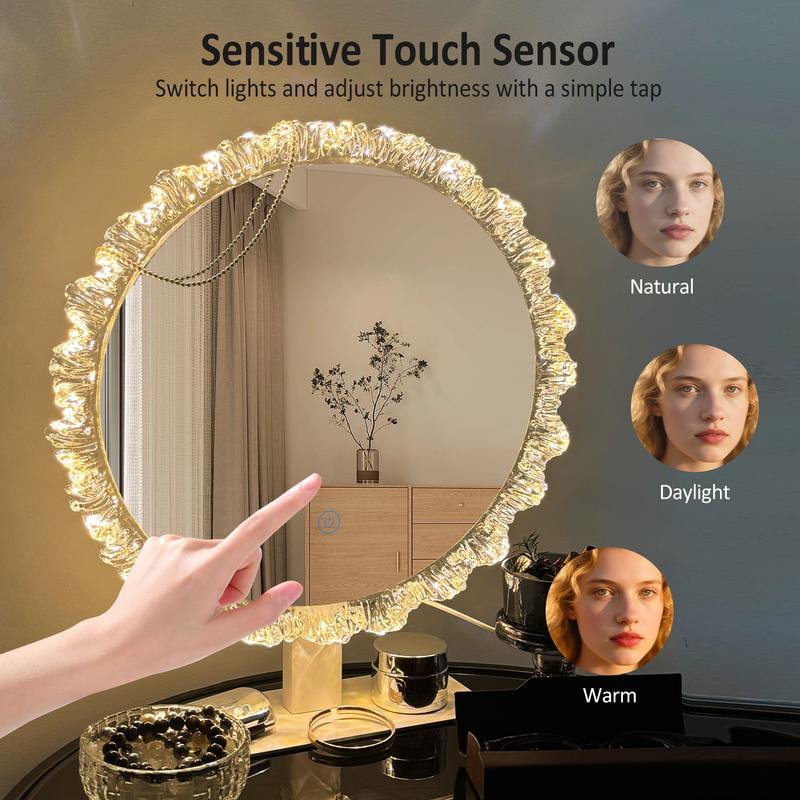 GLITGATE 16 IN Lighted Vanity Mirror, Round Makeup Mirror With Touch Screen Control, LED Desktop Makeup Mirror, Circle Bathroom Mirrors For Over Sink,  Adjustable Brightness, 3 CCT, HD Mirror, Round Mirrors For Decor, Bathroom, Entryway, Bedroom