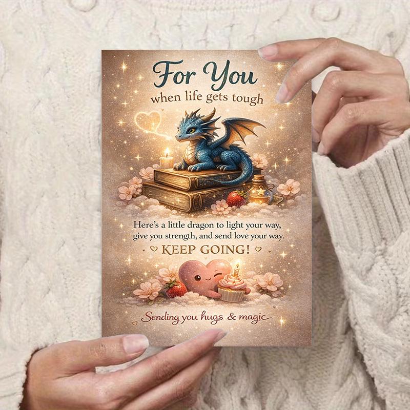 1 Set ( 1 Card+ 1 Envelope) ,Encouragement Greeting Card | Cute Dragon and Heart Design Perfect for Sending Strength, Love, and Support To Friends, Family, or Colleagues Facing Tough Times - Paper, English Language, Fantasy Theme,High-quality Paper