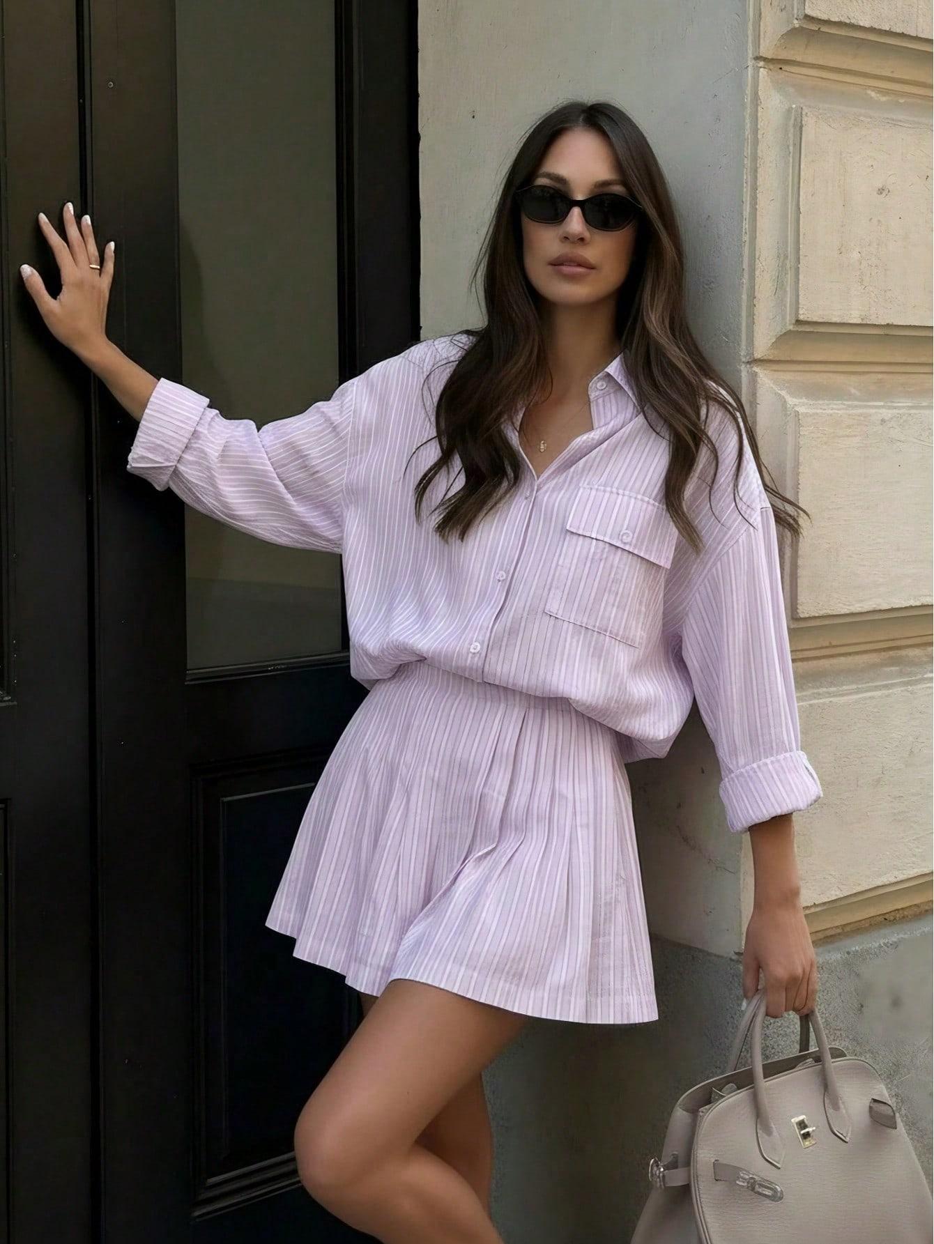 Women's Summer Comfortable Chic Striped Pocket Button-Front Shirt and Shorts Set for Daily Wear Fashion Style Sets