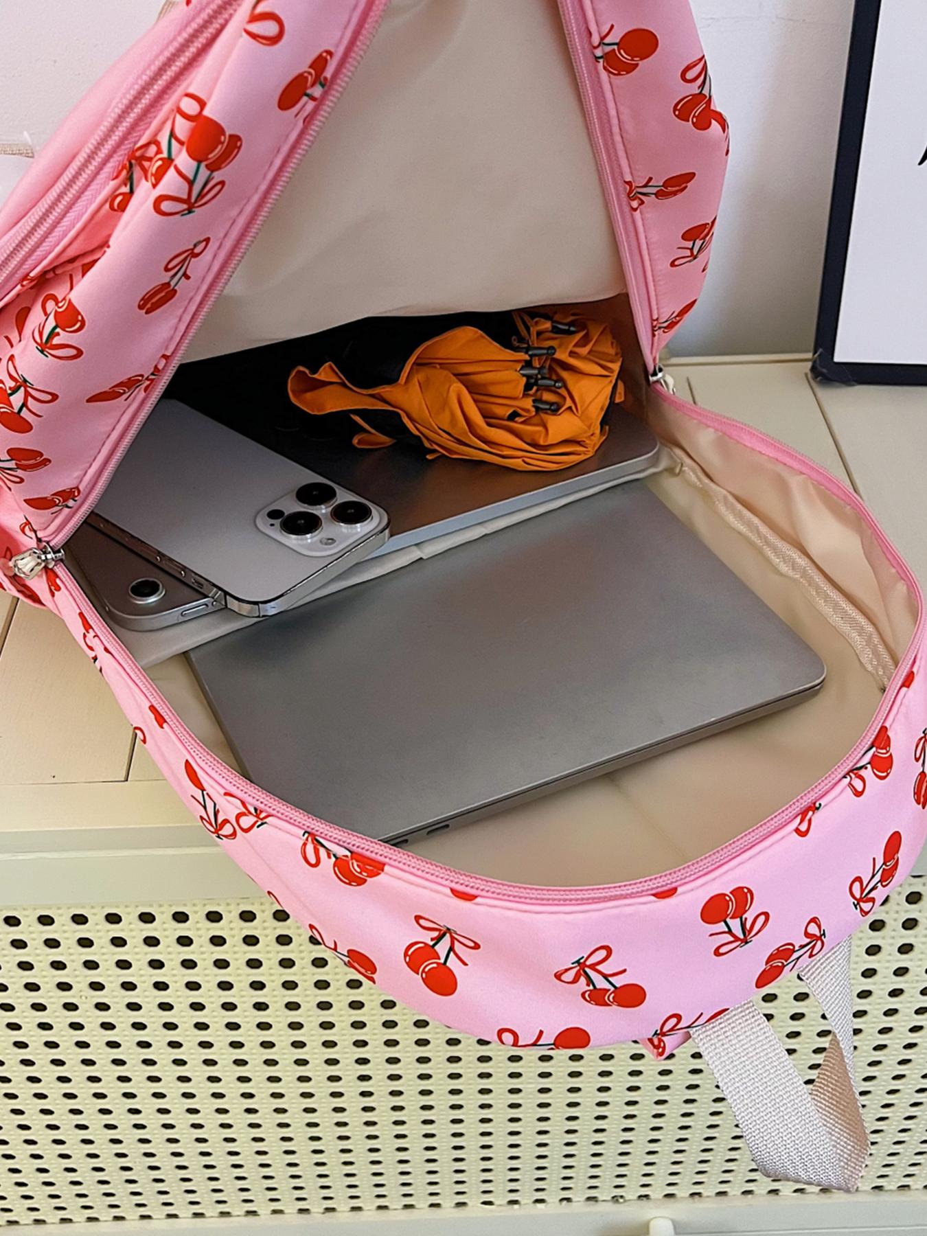 4pc  women's backpack solid color backpack cherry print fashionable and versatile casual trend suitable for students to go to school, campus, travel, shopping, multi-purpose women's backpack Stylish Casual Daypack