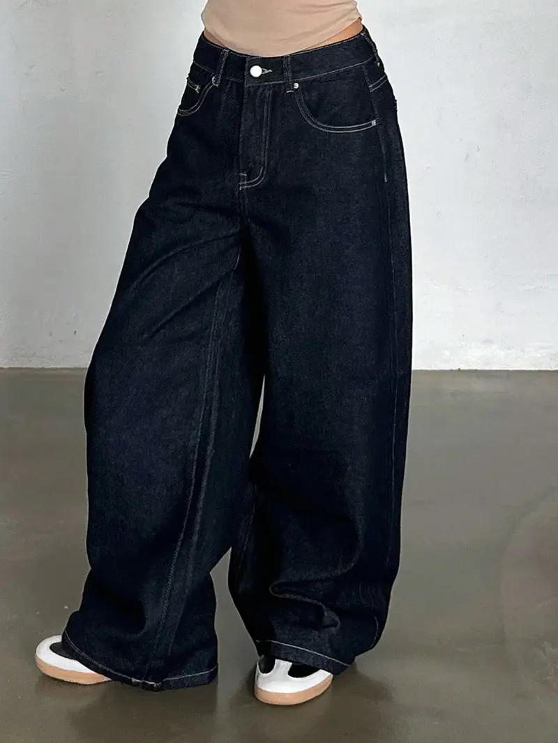 High Waist Dark Wide Leg for Women, American Street Style, Loose Fit, Long Streetwear Denim Pants with Multiple Pockets, All Seasons
