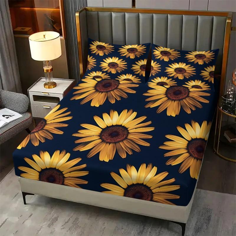 3Pcs Vibrant Sunflower Pattern Fitted Sheet Set, Modern Floral Digital Print Bedding Set, Soft and Cozy Microfiber Bedspreads, Ideal for Brightening Up Your Bedroom and Creating a Contemporary Ambiance, Includes 2 Pillowcases, No Pillow Core