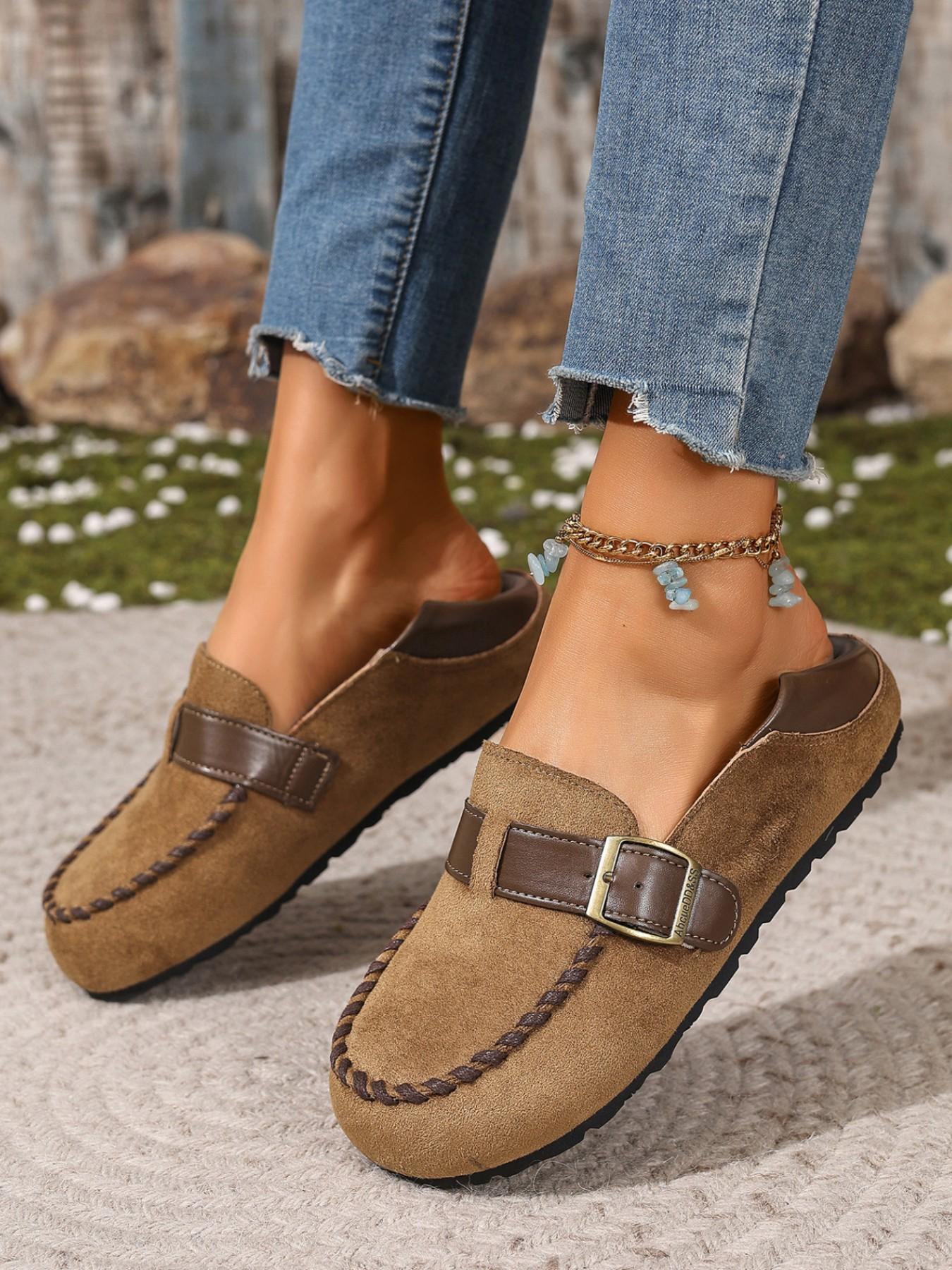 Women's Leopard Print Mules, Metal Buckle Thick Sole Shoes, Vintage Casual Slip-Ons, Comfortable Two-In-One Design, Spring & Fall