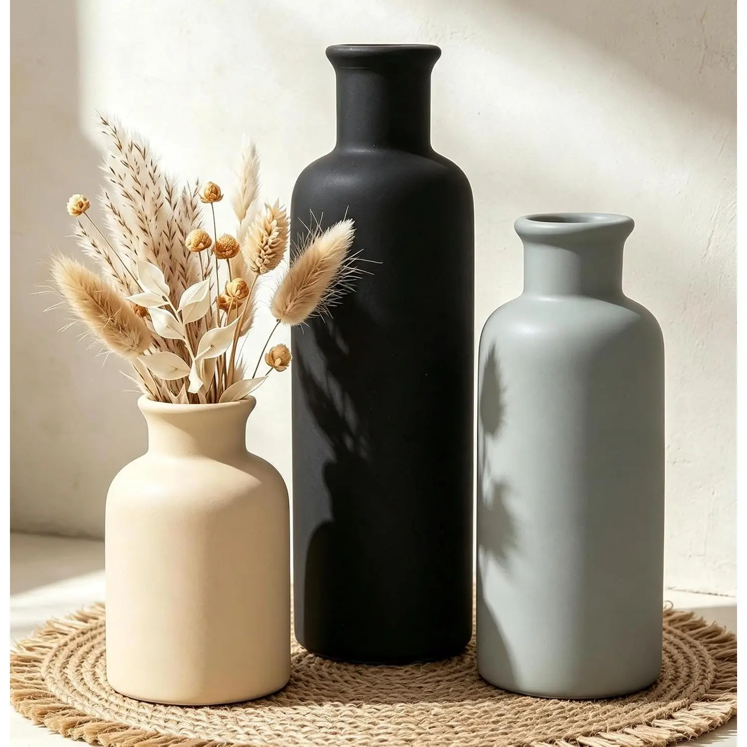 Vase Set of 3, Neutral Rustic Vases for Farmhouse Decor Waterproof