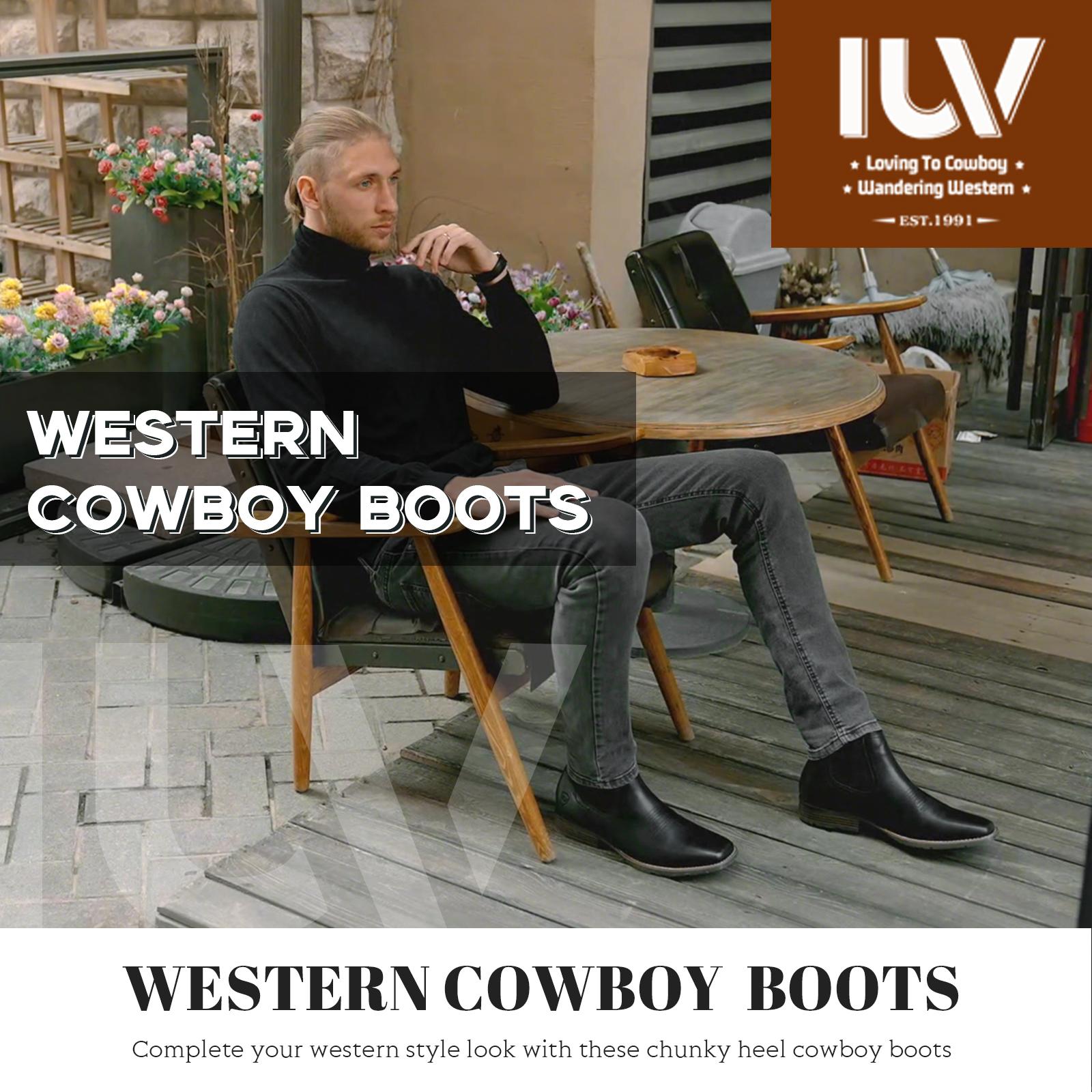 IUV Cowboy Boots For Men| Ankle Boots Western Boot Casual Dress Slip On Chelsea Men Leather Footwear Walking Shoes Black Closed Decor black boots