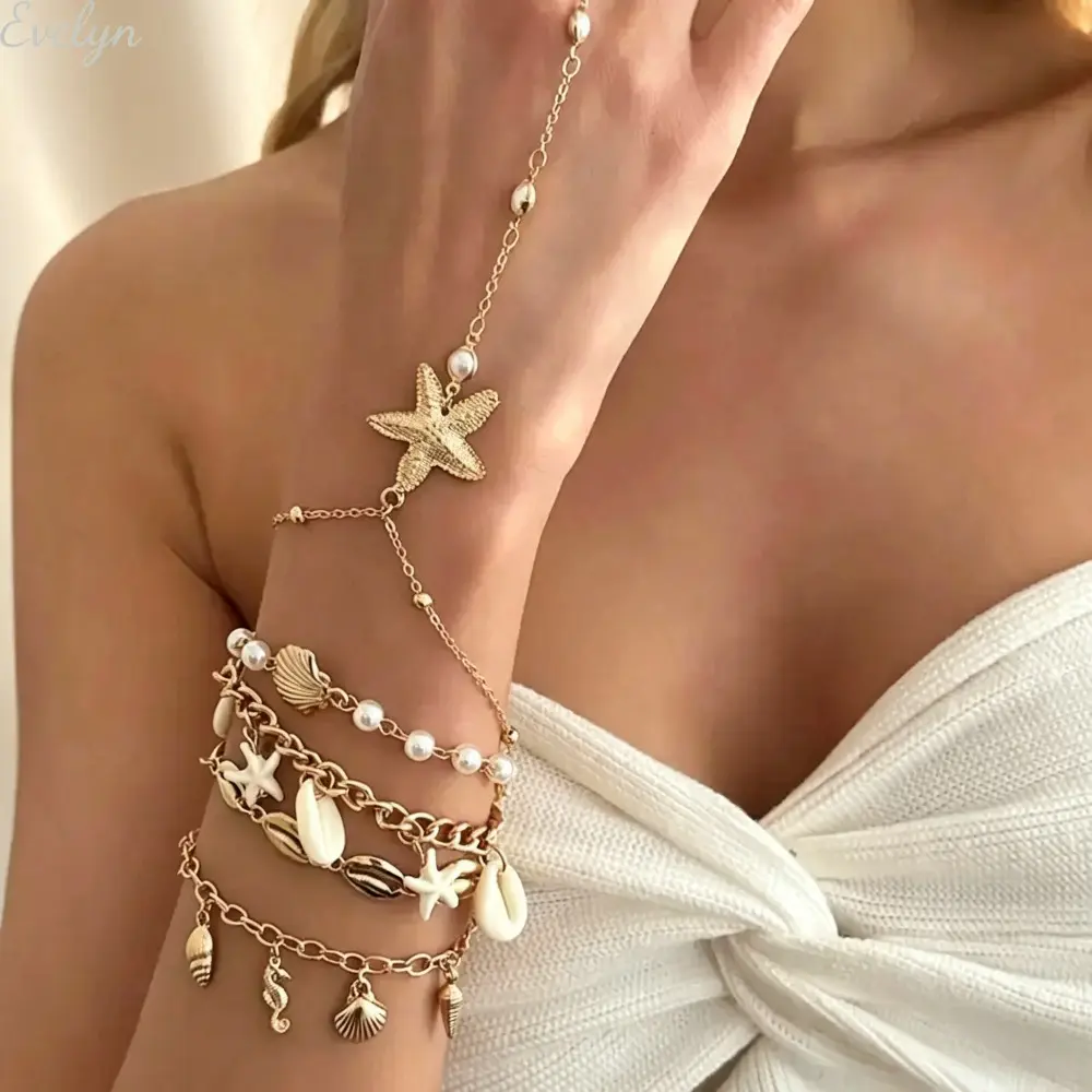 Women’s 5‑Pcs Tropical Ocean Boho Jewelry Set, Starfish Shell Seahorse Pendant Ring & Bracelet, Imitation Pearl Chain Wristband, Vintage Beach Accessories for Vacation Travel, Daily Wear & Holiday Gift‑Giving