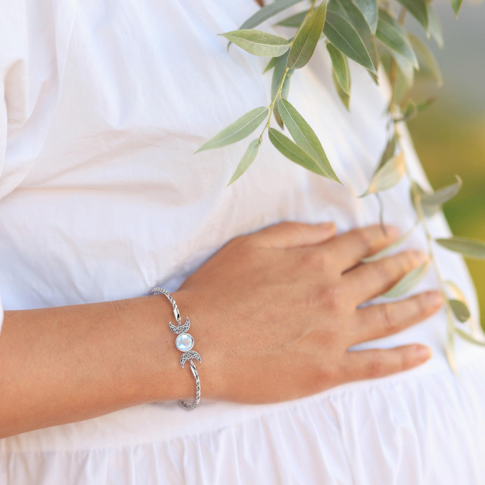 DRINSPER S925 Moonstone Bracelet, Hecate Triple Moon Goddess Bracelet, Artificial Moonstone, Pagan Wiccan Amulet Bracelet, 925 Sterling Silver Bracelet,Fashion Celtic Knot Crescent Moon,Elegant Jewelry Accessory for Women Girlfriend Girls