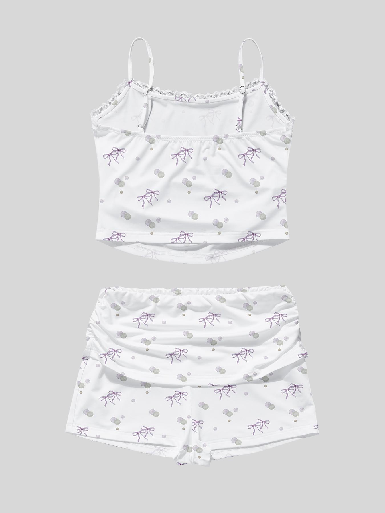 Women's Cherry Print Floral Cami Top & Shorts Pyjama, Casual Comfy Ruffle Trim Camisole & Shorts Pj Set, Ladies Sleepwear for Summer, Pajamas, Womenswear, Loungewear