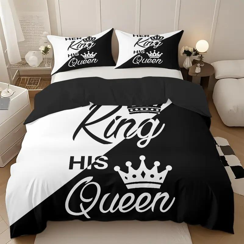 3-Piece Patchwork King Queen Word Pattern Print Bedding Set, Soft Cotton Polyester Fabric, Includes 1 Fitted Sheet + 2 Pillowcases Bed Sheet Sets