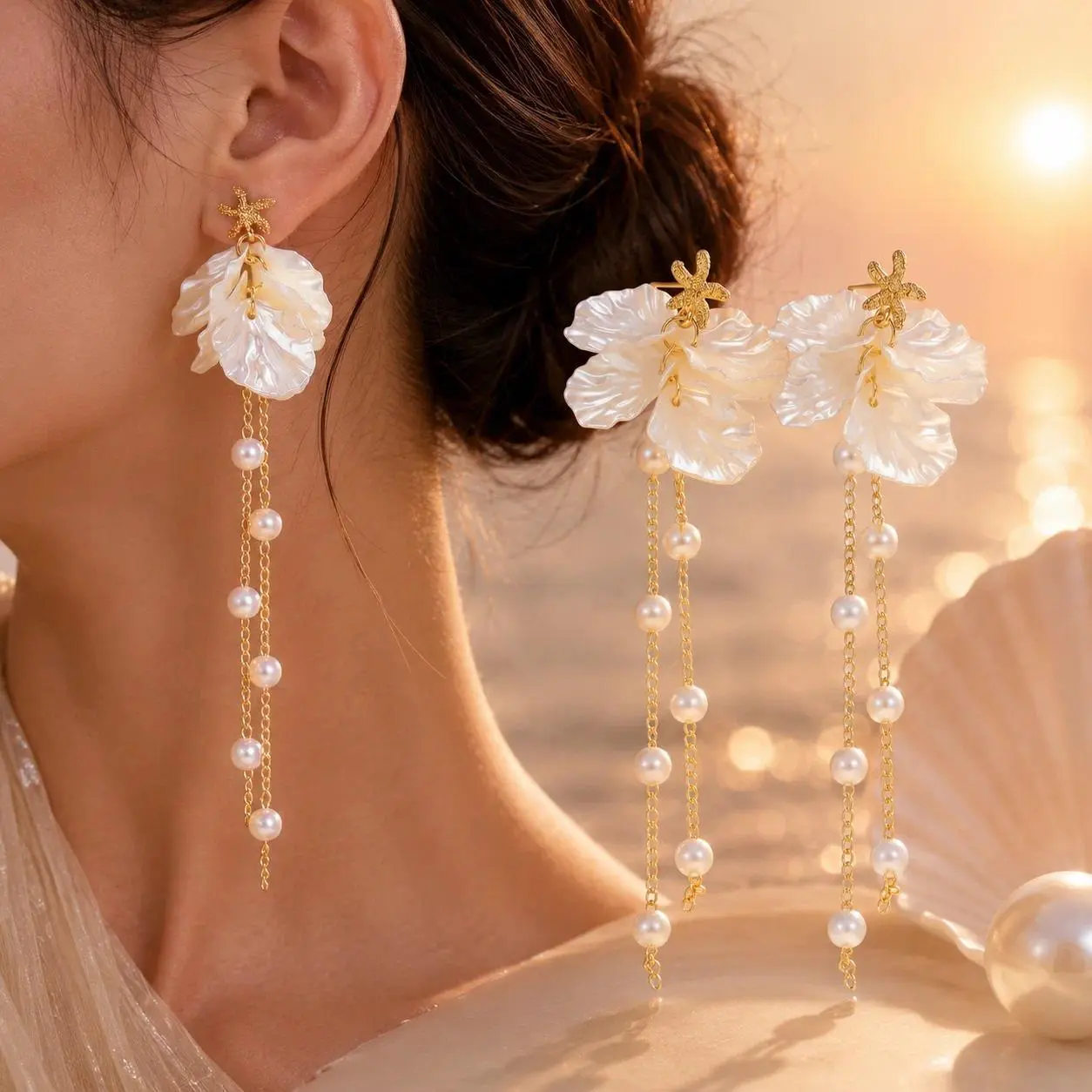 INS Style Starfish Imitation Pearl Tassel Earrings for Women Mermaidcore Ocean Summer Beach Vacation Long Drop Jewelry Gift