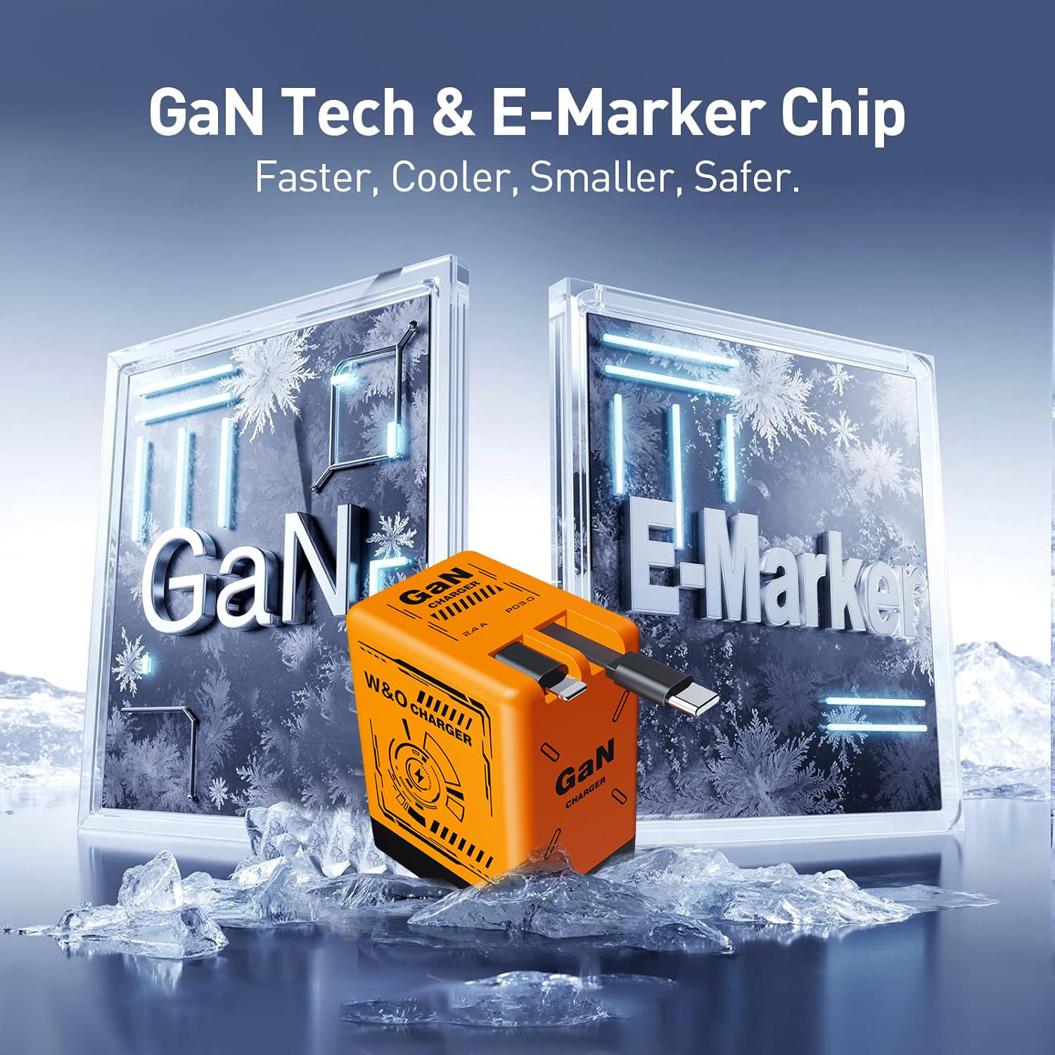 W&O 2 in 1 GaN Charger 80W MAX Fast Charger Folding Charging ortable Yellow Charging Block 2-Port Fast Compact GaN Charger