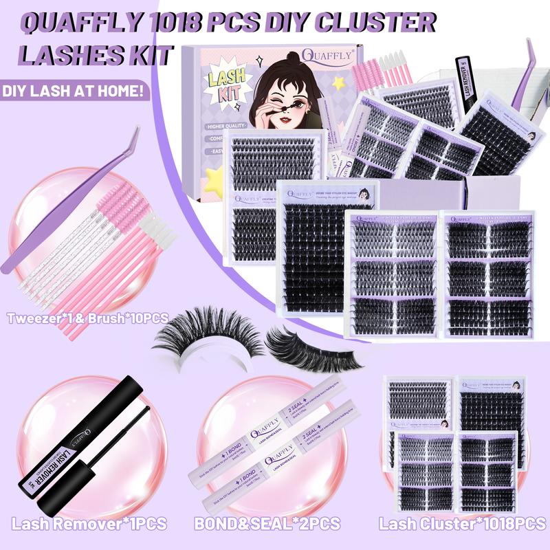 Lash Clusters Kit 1018 Pcs Eyelashes Clusters Extensions Kit 8-18mm Individual Lashes Fluffy Volume False Eyelashes With Bond Seal*2 Remover Tweezers Brush*10 For DIY Lash Extensions Eyelash Glue Extension