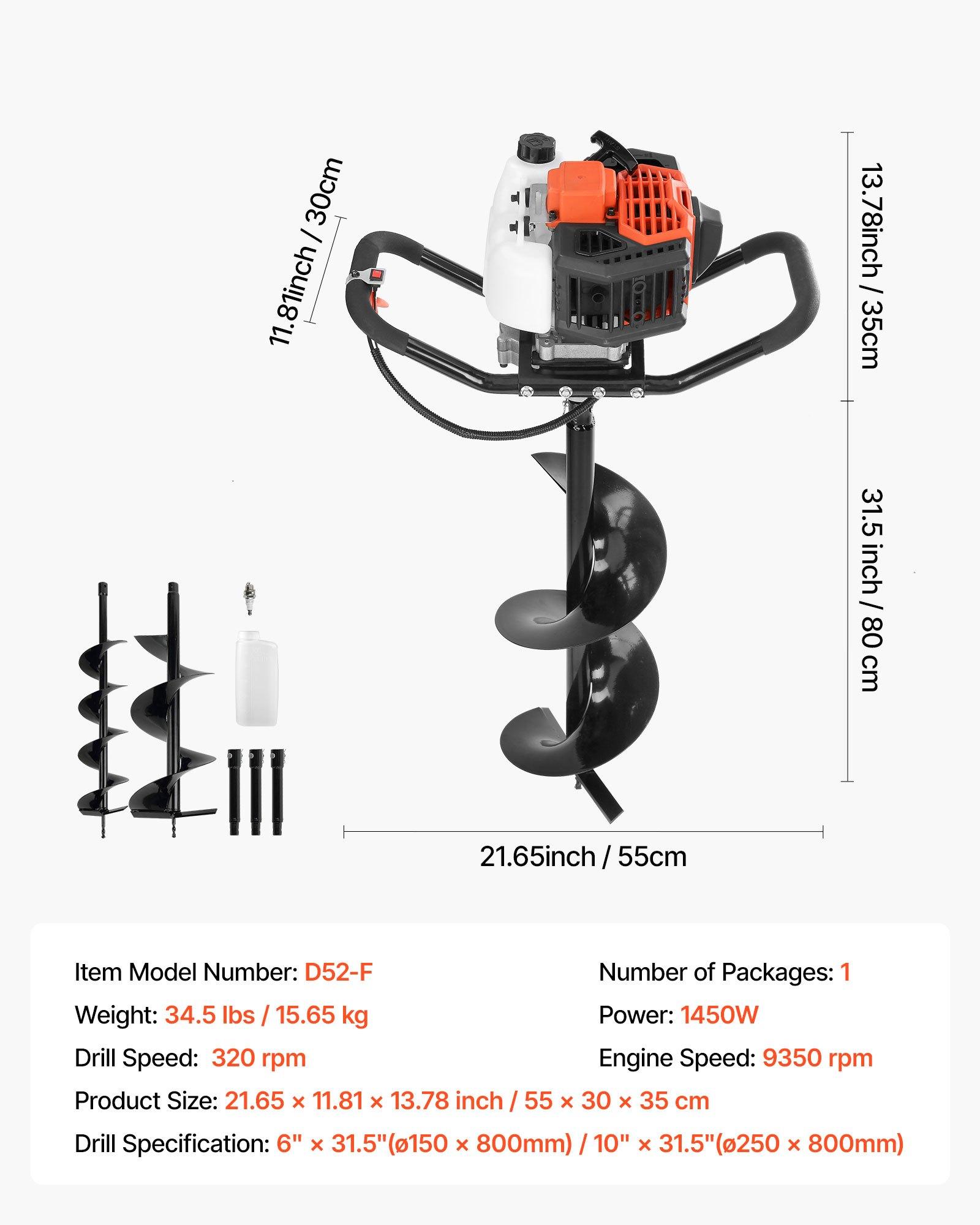 【Summerfinds】VEVOR 52cc Engine Gas Powered Alloy Steel Digger, Quick Shut-Off 1450W Heavy-Duty Post Digging Earth Auger with 6" & 10" Bits, 3 Extension Rods, Abundant Accessories, EPA Listed for Fence Posts, Planting