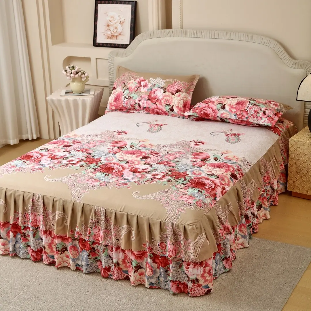Floral Print Ruffled Edge Bed Skirt Set, 3 Counts/set Including 1 Bed Skirt & 2 Pillowcases without Filler, Comfy Bedding Set for Home Bedroom, All Seasons, Bedroom Decor, Christmas Gift