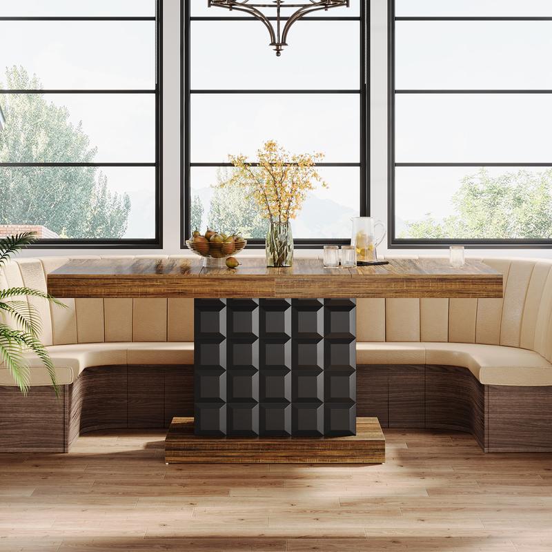 LITTLE TREE 63'' Dining Table for 4-6, Farmhouse Wooden Rectangular Dinner Table with Geometric Relief, Pedestal Base