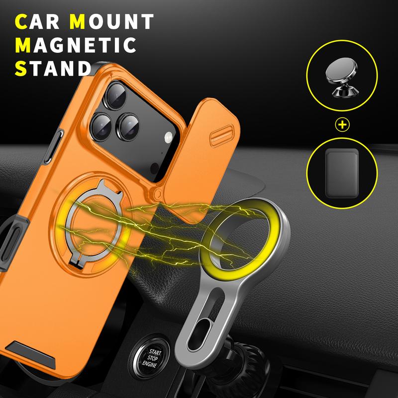 For iPhone 17 16 Pro Max 15 14 13 12 11 Hard Plastic Shell Phone Case, Compatible with MagSafe Accessories, with Phone Ring Grip Holder Kickstand/Slide Camera Cover, Sturdy Shockproof Cover 360 Rotating Stand