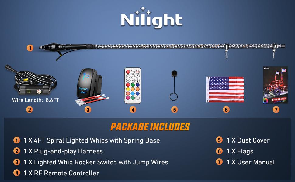 Nilight 1PC 4FT Spiral RGB Led Whip Light with Spring Base Chasing Light RF Remote Control Lighted Antenna Whips for Can-Am ATV UTV RZR Polaris Dune Buggy Safety