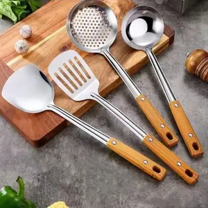4-piece Wok Utensil Set: Stainless Steel Wok Spatula, Soup Ladle with Strainer, Skewer Spoon - Kitchen Cooking Tools