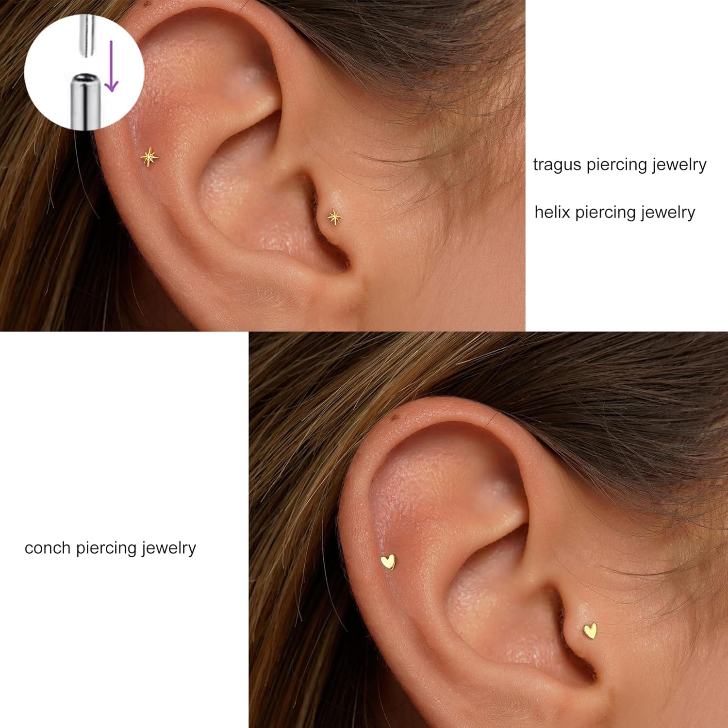 Flat  Helix  ,  Threadless Flatback Stud Earrings 20G/18G/16G Titanium Cartilage  Tragus Earrings Set  Small Nose Conch