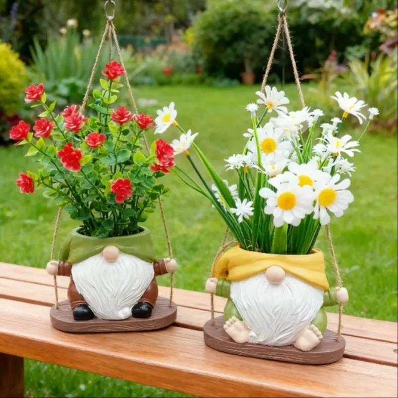 Cute Gnome Dwarf Swing Hanging Planter, Resin Craft Outdoor Garden Patio Decor, Weather-Resistant & Durable, New Christmas Plant Pot