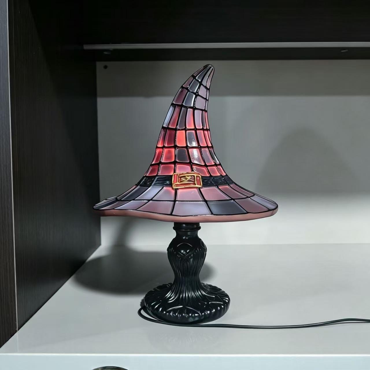 Vintage Stained Glass Witch Hat Lamp, Spooky Glow Nightstand Decor, Gothic Style Gift for Halloween, Unique Home Decoration