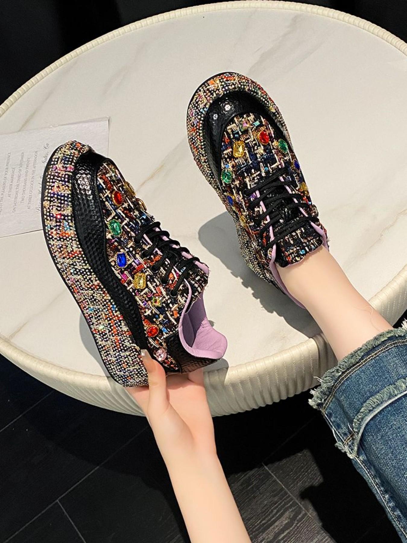 Full Diamond Thick Sole Sport Casual Shoes, Unique Design Handmade Embellished Luxury Thong Dad Sneakers, Party Banquet Multi-Scene Cool Women's Shoes